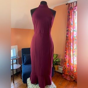 UK14/US10 high neck, midi, ruffle, bodycon, wine colored dress from ASOS